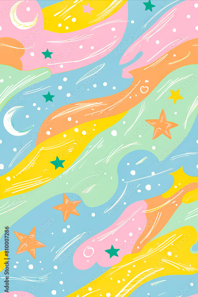 A colorful pattern with stars and moons. A colorful pattern with stars and moons.