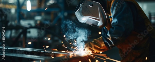 Skilled worker welding metal with sparks flying photo
