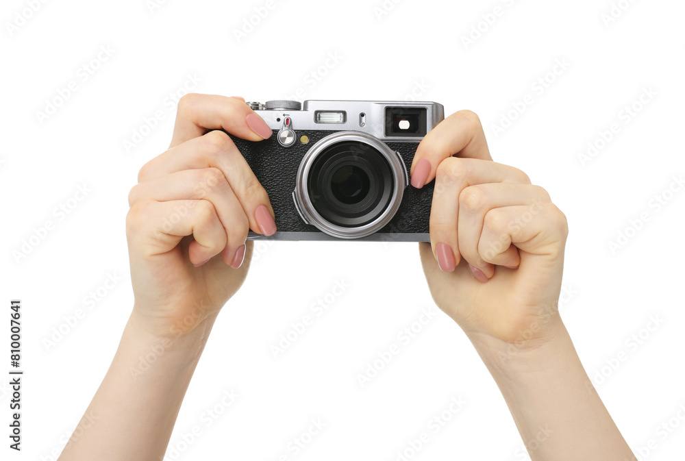 Photographer with camera on white background, closeup Photographer with camera on white background, closeup