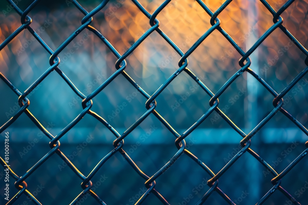 Fototapeta premium Illuminated Chain Link Fence At Twilight