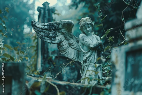 A serene angel statue in a peaceful cemetery. Suitable for funeral services or religious themes