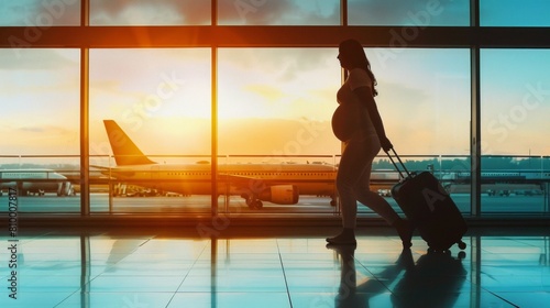 A pregnant woman carrying a suitcase is walking at the airport. A pregnant woman's silhouette against the glowing airport sunrise