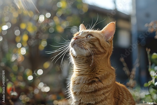 Cute ginger cat sitting on the grass and looking at the sun