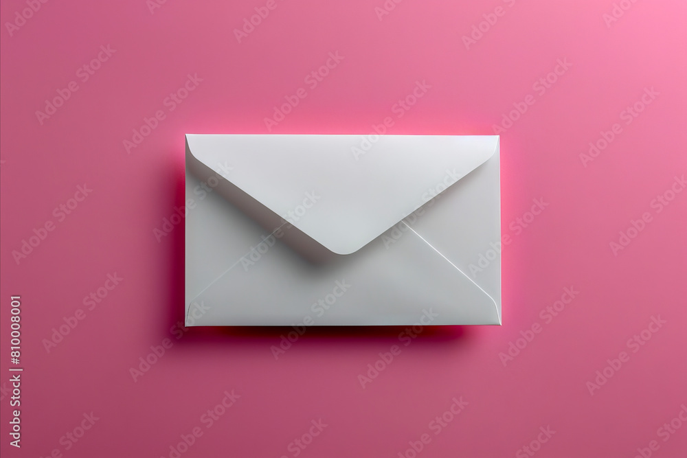 A white envelope on a pink background. A white envelope on a pink background.