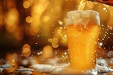 Beer pouring into glass on bokeh background, close-up