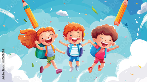 happy kids student riding flying pencil go to Vector