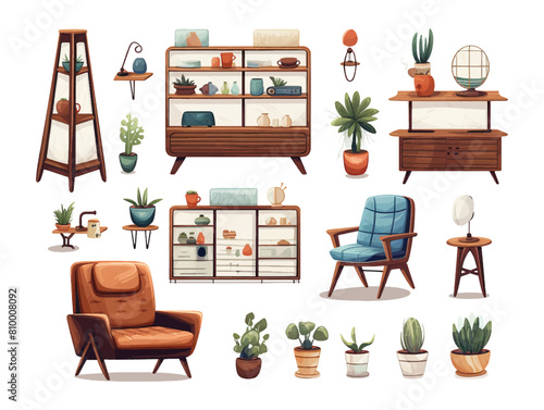 Set bundle of modern colorful home decoration for living room furniture illustration