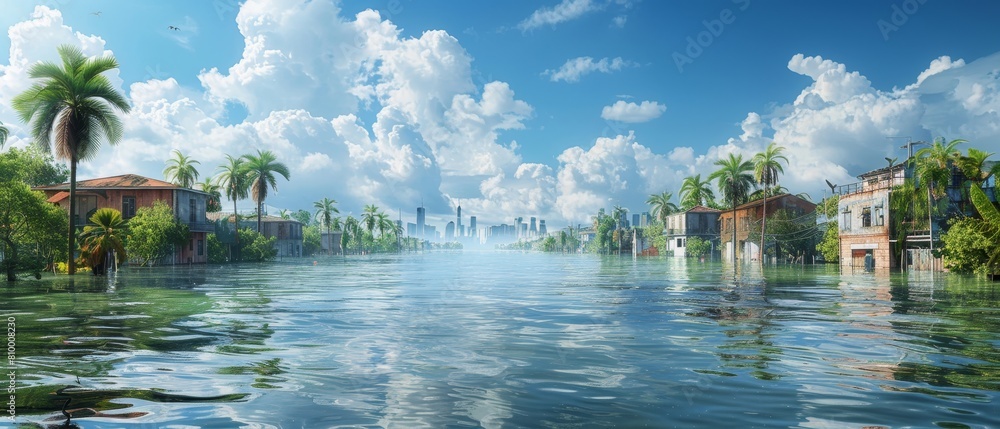 Scene of a cityscape where the sea encroaches on urban areas, creating canals where streets once were