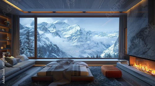 View from the luxurious room of the winter mountains. Relaxation, style, modernity