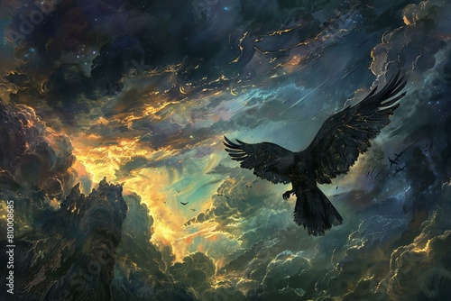  rendering of a fantasy alien landscape with a raven flying in the sky photo
