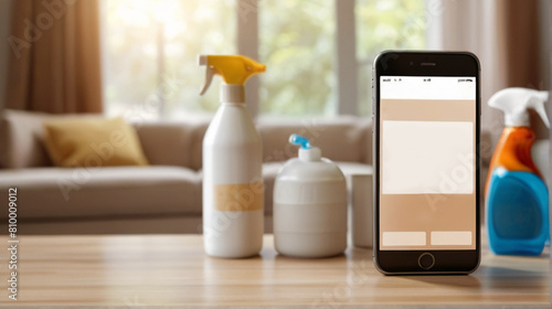 Cell phone with cleaning product in the apartment, modern domestic lifestyle, spring cleaning concept. Home cleaning service mobile app. Online shopping list through mobile app marketplace.  photo