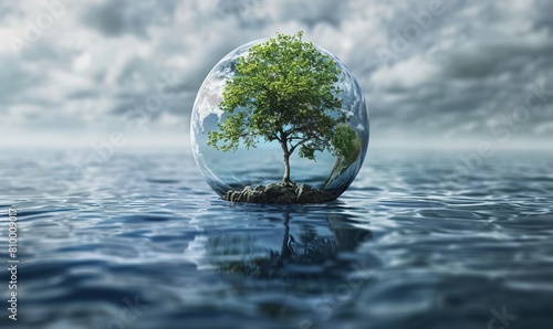 A tree in a glass ball against the background of water. Nature, ecology concept.