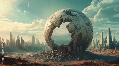 Visual metaphor of a giant Earth cracking open like an egg, with a cityscape struggling for survival at its base