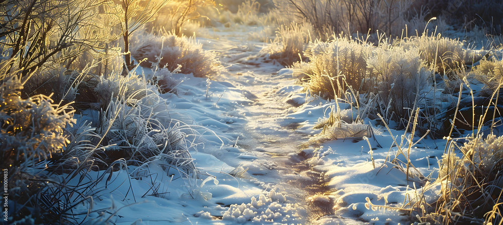 Obraz premium A frost-covered gulley in early morning light, the icy surfaces sparkling as they catch the first rays of the sun, surrounded by dormant vegetation