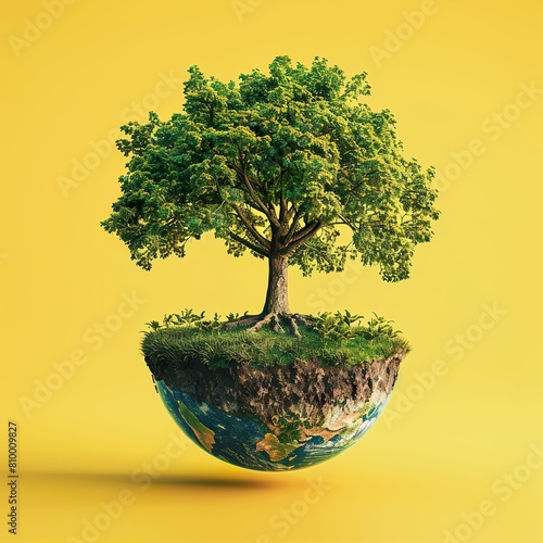 Planet earth with lush green tree growing from it. ecological energy sources on the planet's surface. yellow background.