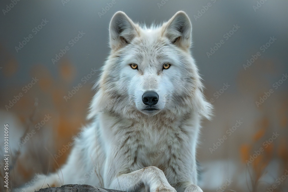 Portrait of a white wolf (Canis lupus) in the field