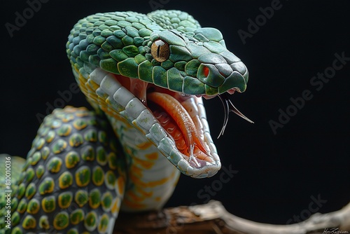 Close up of the head of a green pit viper snake photo