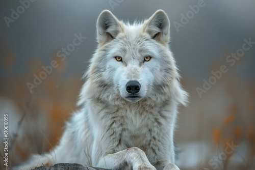 Portrait of a white wolf  Canis lupus  in the field