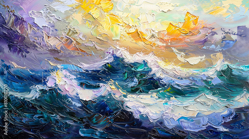 un mar de olas, costa de incheon, pintura al óleo, estilo impresionista, colorido, colores vibrantes, pinceladas detalladas, efecto lienzo texturizado,  photo