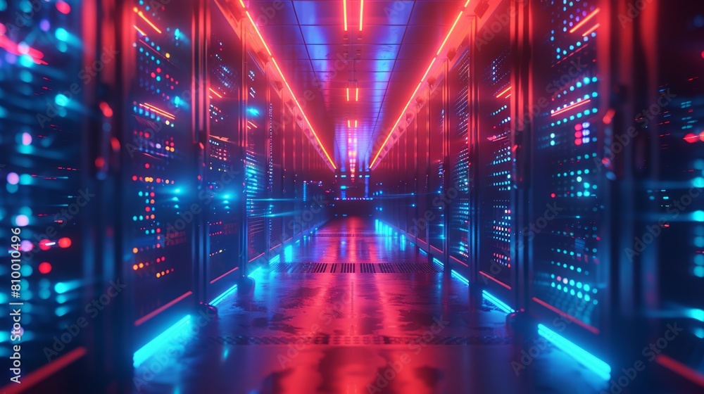 Virtual reality walkthrough in an illuminated network server aisle focusing on data processing