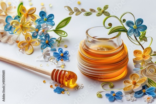 Jar of honey with wooden spoon and decorative paper flowers, perfect for food and kitchen themed designs © Ева Поликарпова