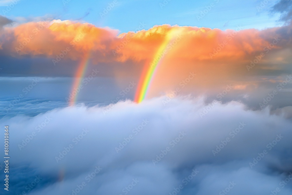 Beautiful rainbow over the clouds at sunset,  Colorful sky background