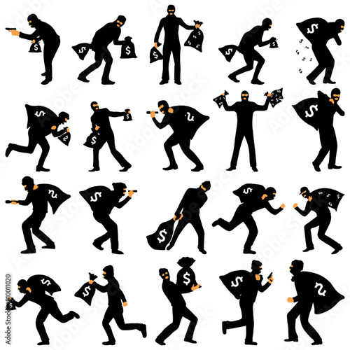 Set of robber design flat silhouette illustrations