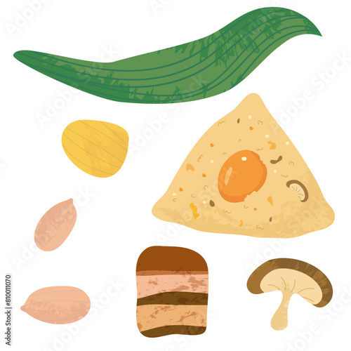 Sticky Rice Dumplings Wrapped with Bamboo Leaves, Peanuts, shiitake mushrooms, braised pork, meat, chestnuts, salted egg yolks Duanwu Cuisine and Food Ingredients Dragon Boat Festival Illustration  