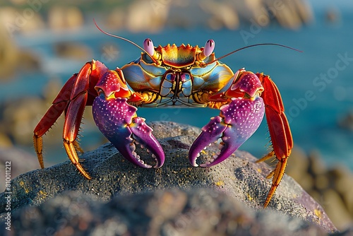Red and blue crab on a rock in the background of the sea