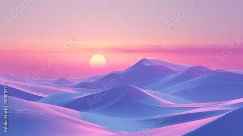 Tranquil evening in the desert with smooth dunes under a soft pink and purple sunset creating a peaceful scenery