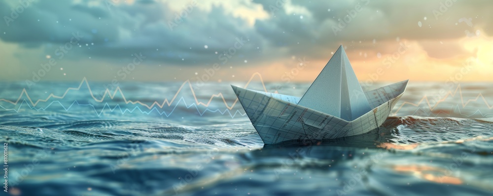 Obraz premium Paper boat on tranquil waters at sunset