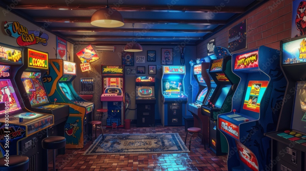 Retro arcade room with old video game machines with soft neon lights in high resolution and high quality. video game,arcade concept Retro arcade room with old video game machines with soft neon lights in high resolution and high quality. video game,arcade concept