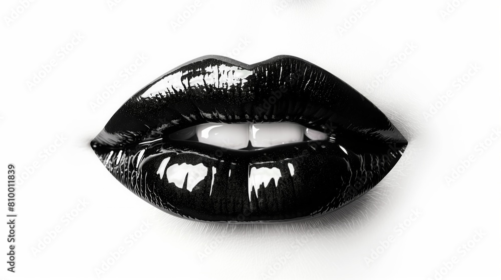 Black glossy lips, on white background. Close-up image of glossy black lips Black glossy lips, on white background. Close-up image of glossy black lips
