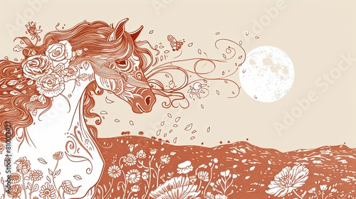 AI generated illustration of a horse in a moonlit garden with flowers and butterflies