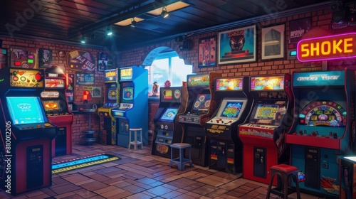 Retro arcade room with old video game machines with soft neon lights in high resolution and high quality. concept video games,arcade,room,retro photo