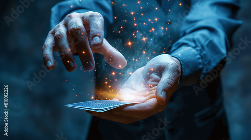 close-up of magician hands showing magic trick with cards