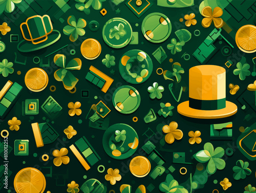Saint Patrick's Day, St Patty sticker vector set. Luck symbols, green beer, hand holds three and four-leaf clover, a wicker basket full of shamrock, rainbow with a pot of leprechaun gold on the end