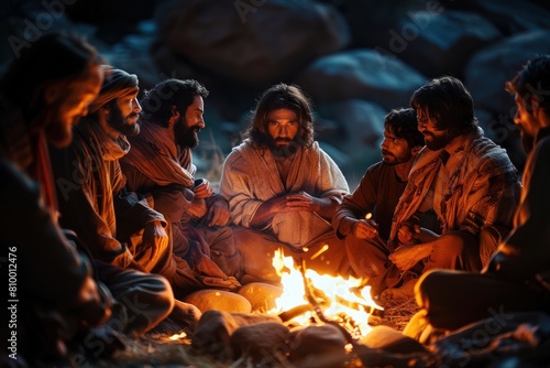 A group of men are sitting around a fire, with one of them being Jesus