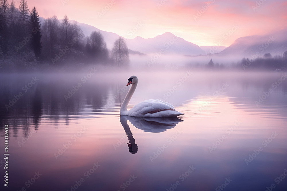 Fototapeta premium A graceful white swan with its tranquil reflection swims in the lake.