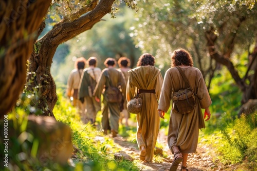 A group of men are walking through a forest, some of them carrying baskets