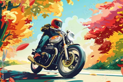 A man riding a motorcycle on a scenic road. Perfect for travel and adventure concepts