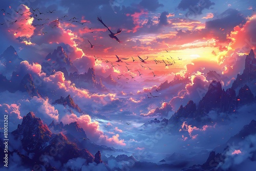 Fantasy landscape with mountains and birds at sunset,   illustration #810013262