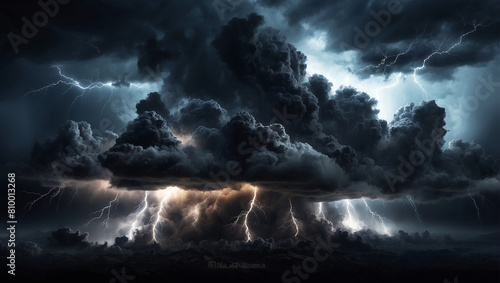 Black storm clouds with lightnings and smoke isolated on transparent background.