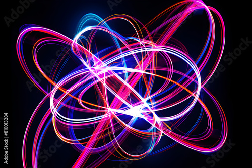 Intricate neon lines in mesmerizing abstract pattern. Neon art on black background.