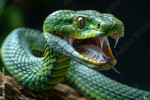 Close up of a green pit viper (Reticulated pit viper) photo