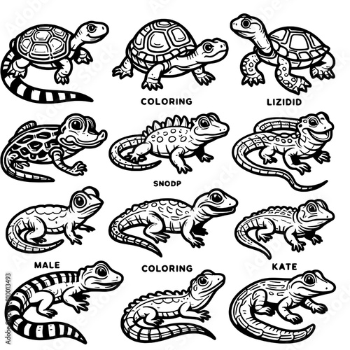 set icon Reptile Outlines, Coloring SVG Clipart, Kid Party Coloring Activity, Clipart Stamp, Turtle Snake Lizard Frog Alligator.svg