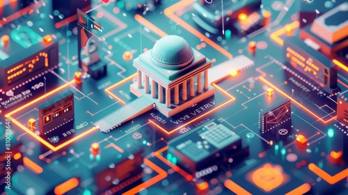 A conceptual representation of a government institution amidst a futuristic cyber city with glowing data streams.