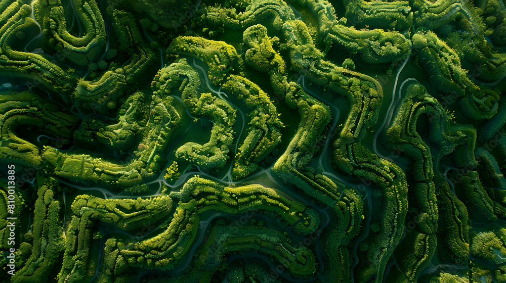 A hedge trimmed into the shape of a maze, captured from above to highlight the intricate paths and lush green texture under the afternoon sun A hedge trimmed into the shape of a maze, captured from above to highlight the intricate paths and lush green texture under the afternoon sun