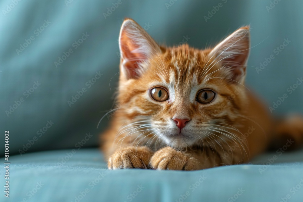 Cute ginger kitten lying on blue sofa and looking at camera