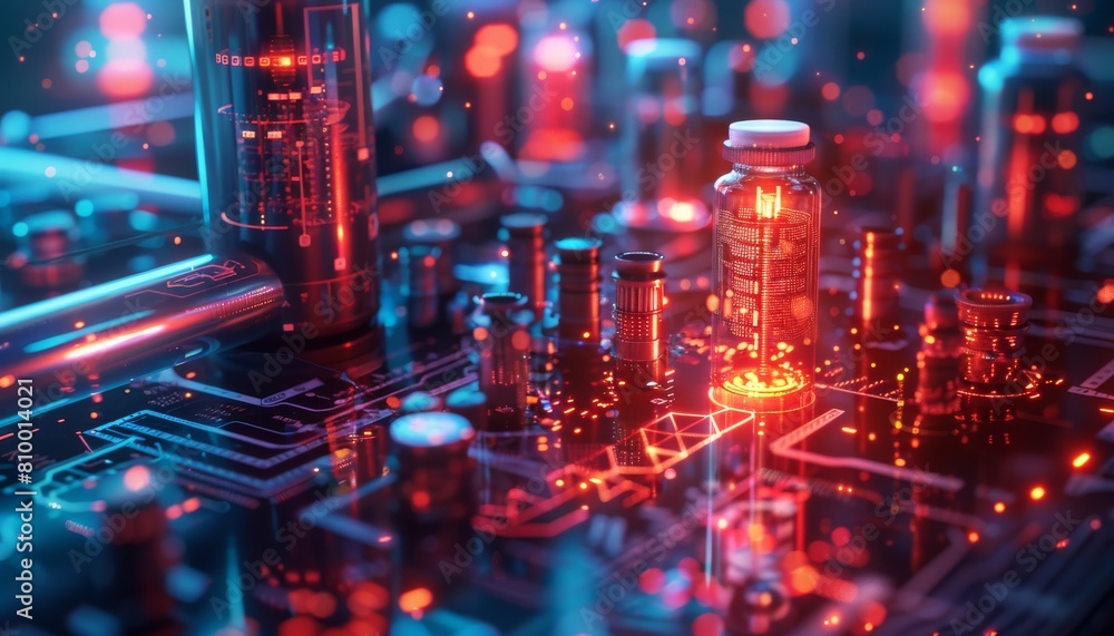 A futuristic lab with a 3D hologram wireframe, pulsing quantum computing core, data streams, and algorithmic patterns in dark blue and red. A futuristic lab with a 3D hologram wireframe, pulsing quantum computing core, data streams, and algorithmic patterns in dark blue and red.